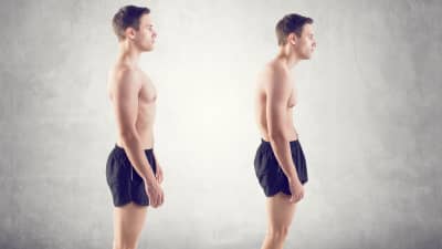 A man standing with good posture, and a man slouched over showing poor posture