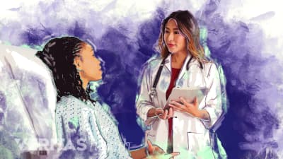 illustration of a doctor advising a patient in a hospital bed