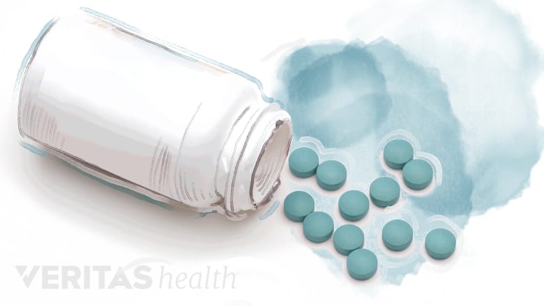Overhead view of spilled bottle of blue pills on a white background