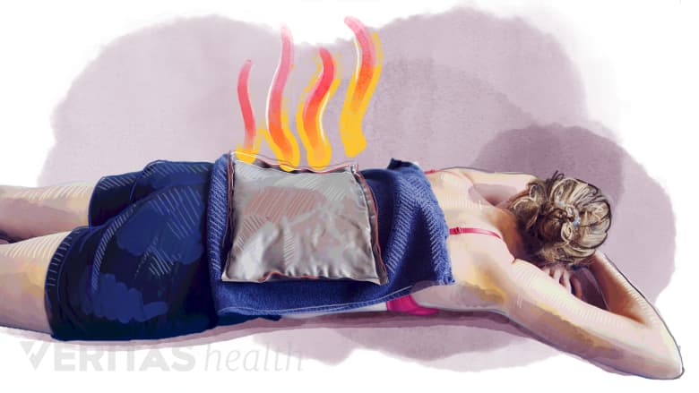 Person receiving heat therapy on lower back.