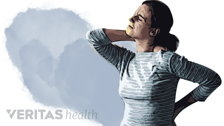 Filtered photo of a woman holding her neck and back in pain.