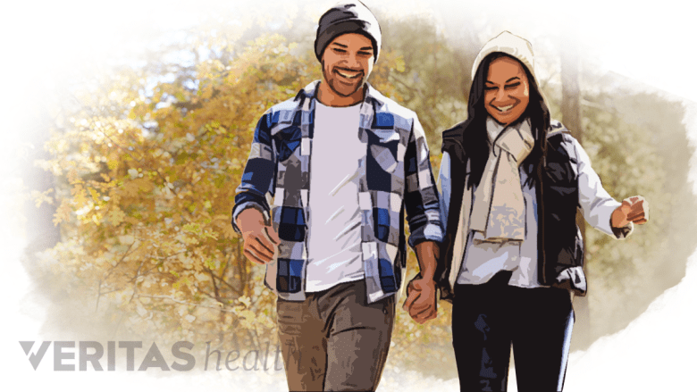 A couple walking in the outside environment.