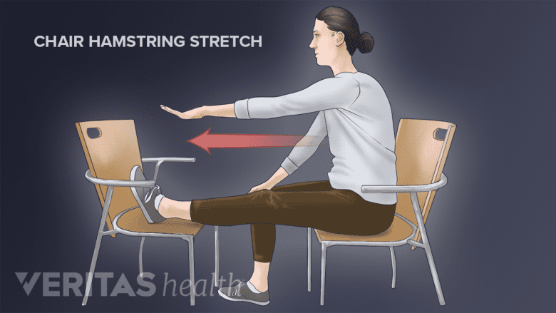 A woman showing seated hamstring stretch exercise.