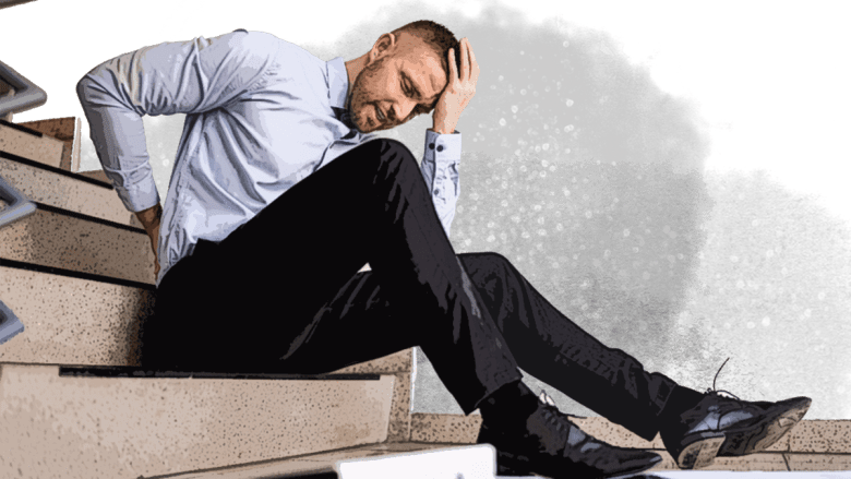 An illustration of a man sitting on the stairs holding his back.