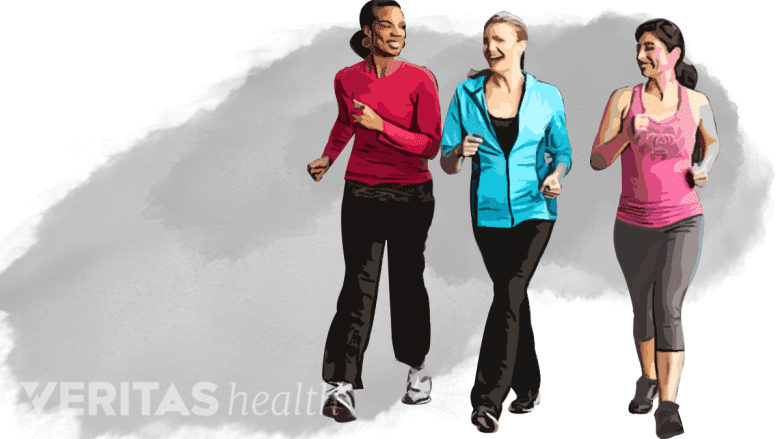 A group of women walking on the street.