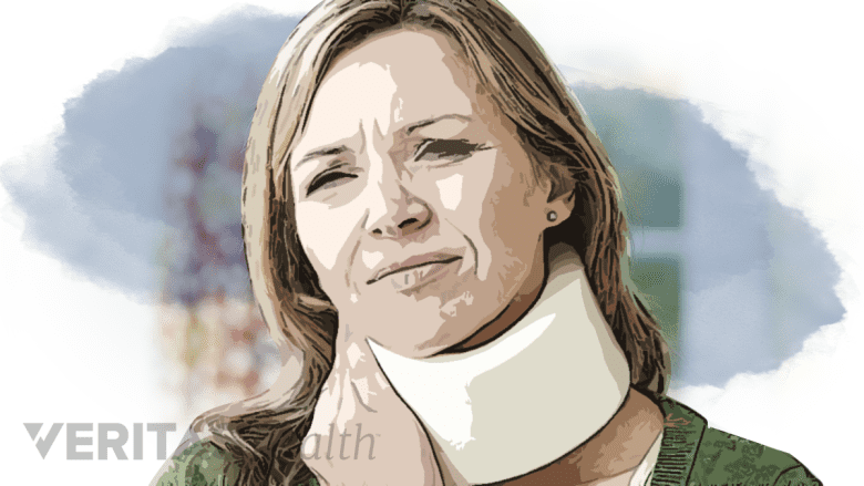 An illustration showing a woman wearing neck brace.