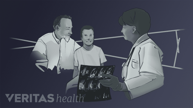 A doctor and a child looking at an x-ray together.