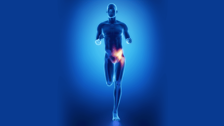 Illustration of a man running with the front right hip highlighted.