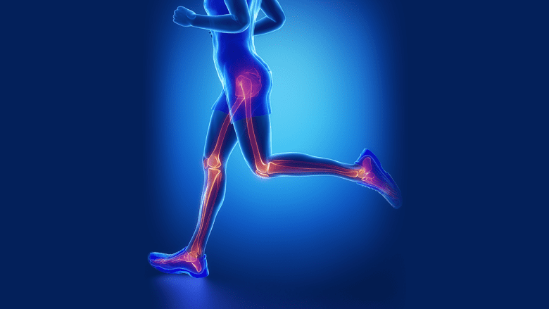 A man running, with the lower body's skeletal system highlighted.